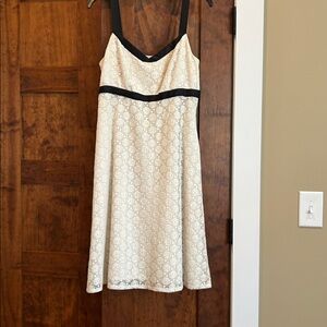 LOFT Off White Lace Midi Dress with Black Trim